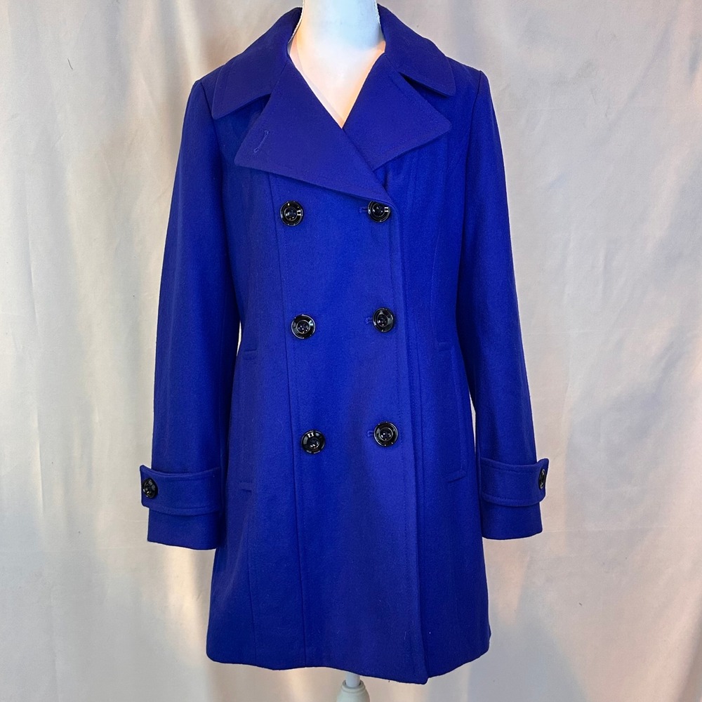 Anne Klein Women Medium Peacoat Royal Blue‎ Wool Blend Double Breasted Coat